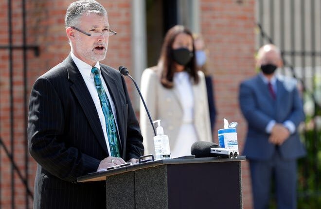 Green Bay Area Public School District Leader Stephen Murley speaks about coming together as a community to contain the spread of COVID-10 so schools will fully reopen during a press conference outside City Stadium at Green Bay East High School on August 5th can be, 2020, in Green Bay.
