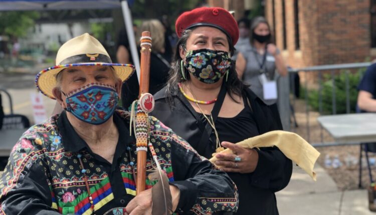 American Indian Movement co-founder Clyde Bellecourt and AIM co-chair Lisa Bellanger attend the memorial service for George Floyd in Minneapolis on June 4, 2020. Photo by Max Nesterak/Minnesota Reformer.