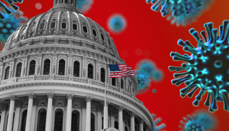 United States Flag Capitol State Building during Covid19 2020 novel coronavirus Pandemic, 3d virus medical model, Washington DC, USA (photo by Sono Creative/Stock Images)