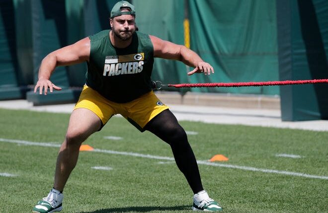 Green Bay Packers offensive tackle David Bakhtiari (69) participates in minicamp practice Wednesday, June 9, 2021, in Green Bay, Wis.