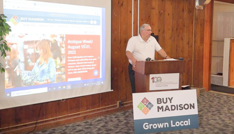Madison County Chairman John Becker introduces Buy Madison County&rsquo;s new website, showing residents where products like milk, bread and produce come from.