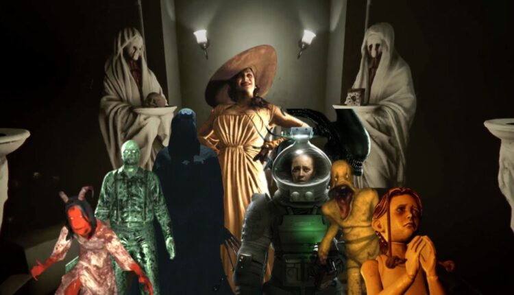 Background of statues in the ritual room of Madison, antaogonists and characters from Devour, Outlast 2, Visage, Resident Evil Village, Alien Isolation, Amnesia, Martha Is Dead