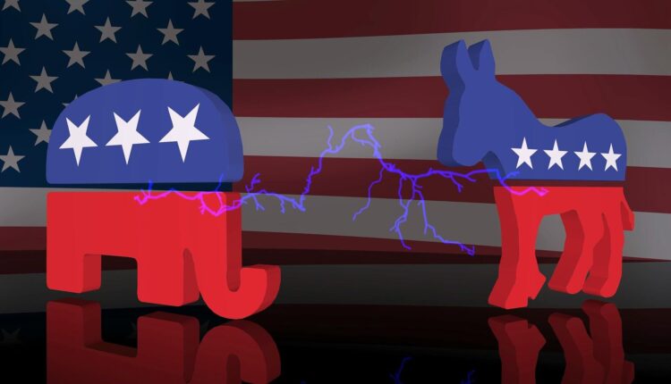 Elephant Republican and Donkey Dems with lightning in front of flag Image by chayka1270 from Pixabay