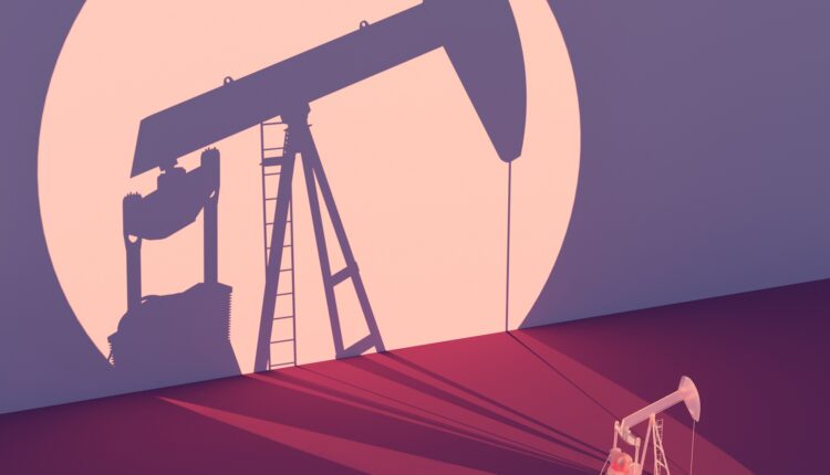 Digital generated image of oil pump clones making pattern on purple background.