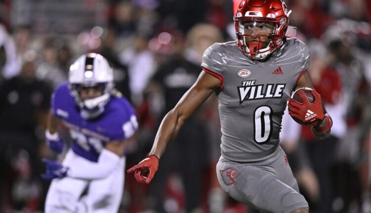 Nov 5, 2022; Louisville, Kentucky, USA;  Louisville Cardinals wide receiver Tyler Hudson (0) runs the ball against the James Madison Dukes during the first half at Cardinal Stadium. Mandatory Credit: Jamie Rhodes-USA TODAY Sports