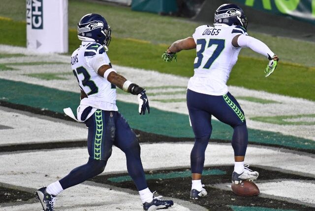 Seattle Seahawks free safety Quandre Diggs celebrates his interception against the Philadelphia Eagles on November 30, 2020