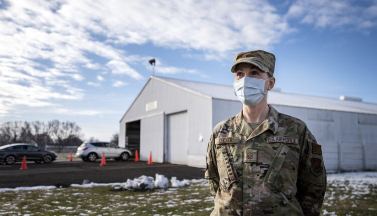Sgt. Emily Decker at the COVID-19 testing site at the Walworth County Fairgrounds in Elkhorn, Wis. Angela Major/WPR