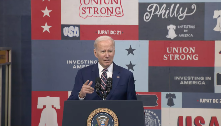 President Joe Biden speaks about his fiscal 2024 budget request on Thursday, March 9 at Finishing Trades Institute in Philadelphia. (Screenshot from White House feed).