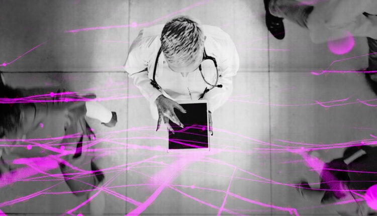 An illustration shows a doctor using a tablet with a computer network diagram overlaid.