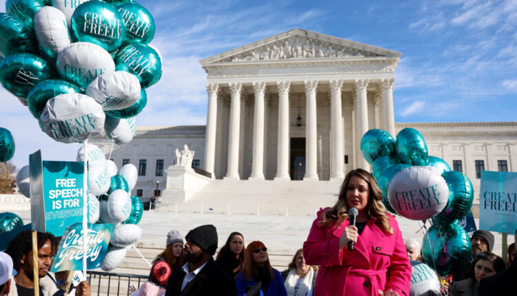 Lorie Smith, the owner of 303 Creative, a website design company in Colorado, speaks with supporters outside of the U.S. Supreme Court Building on Dec. 5, 2022, in Washington, DC. The U.S. Supreme Court ruled in her favor Friday. (Anna Moneymaker/Getty Images)