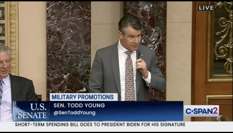 U.S. Sen. Todd Young, R-Ind., speaks on the U.S. Senate floor on Thursday, Nov. 16, asking to take up and confirm two military nominees blocked by Republican Sen. Tommy Tuberville of Alabama, who is seated at left. (Screenshot from C-SPAN 2)