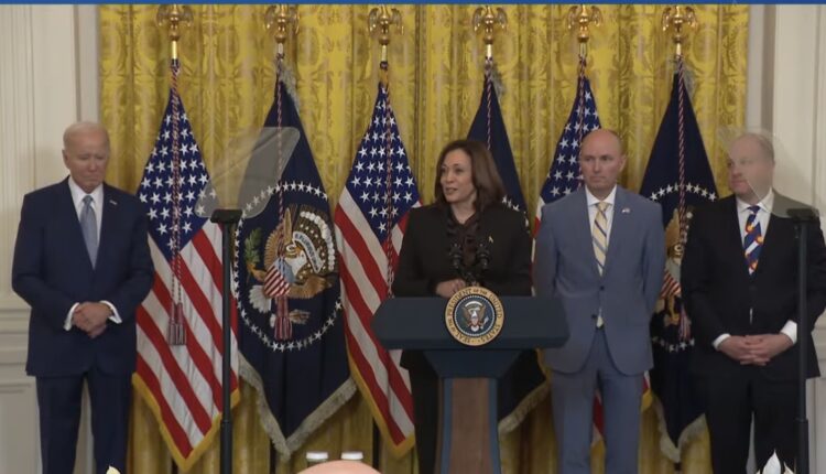 Vice President Kamala Harris speaks as members of the National Governors Association meet with her and President Joe Biden at the White House on Feb. 23, 2024. At right are Utah Gov. Spencer Cox, NGA chair, and Colorado Gov. Jared Polis, NGA vice chair. (Screenshot from White House webcast)