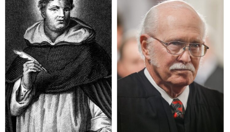 Left: An engraving of the medieval philosopher and theologian Thomas Aquinas. Right: Alabama Chief Justice Tom Parker. (Left: Getty Images; Right: Stew Milne for Alabama Reflector)