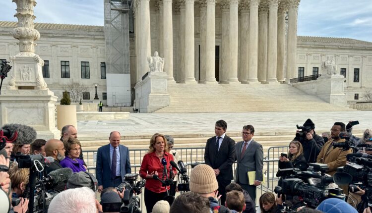 Krista Kafer, a Republican commentator and one of the plaintiffs in a case seeking to bar former President Donald Trump from the 2024 ballot, speaks to the press outside the U.S. Supreme Court following oral arguments in the case on Feb. 8, 2024. (Chase Woodruff/Colorado Newsline)