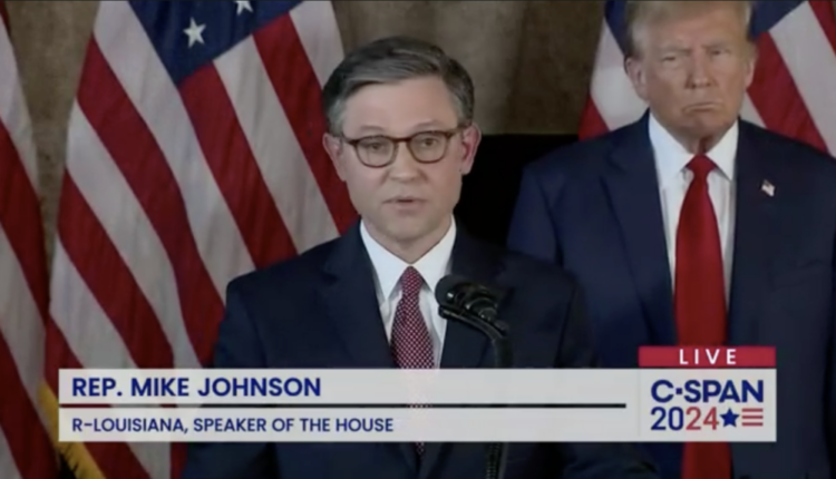 House Speaker Mike Johnson, R-La., speaks while former President Donald Trump looks on during a press conference at Trump’s Mar-a-Lago residence in Palm Beach, Florida. (C-SPAN screenshot)