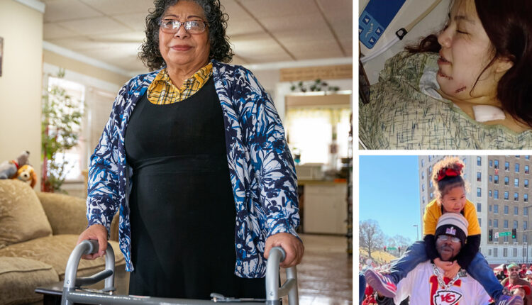 Three photos are shown in a collage. The left photo is a portrait of a woman standing indoors with a walker. The top right photo shows a woman in a hospital bed. The bottom right photo shows a man in a Kansas City Chiefs jersey carrying his daughter on his shoulders.